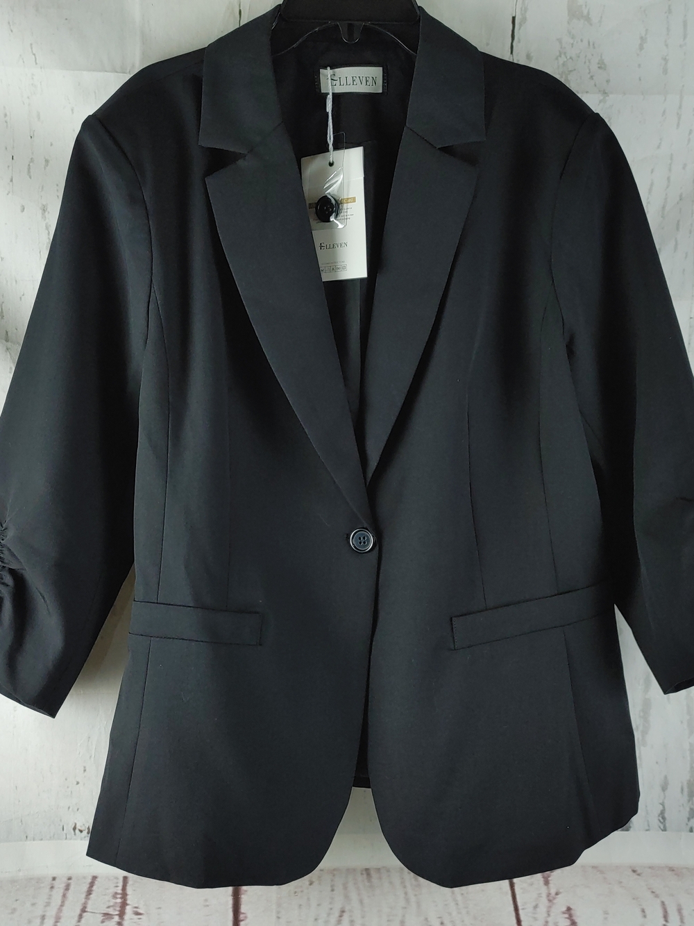 Elleven Women's XL Black One-Button Blazer Ruched 3/4 Sleeve Stretch Jacket NWT